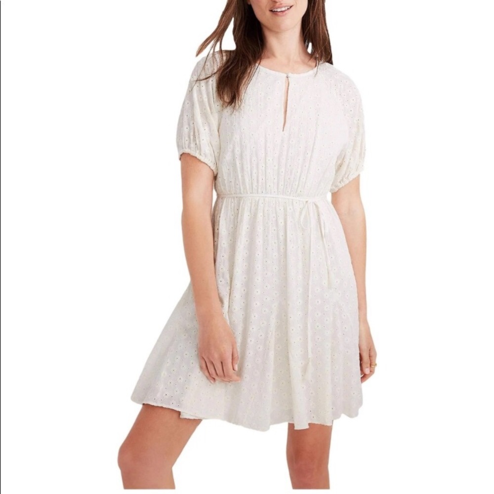 NWT $128 Madewell Eyelet Tassel-Tie Mini Dress Short-sleeve Off-white AL321  10
